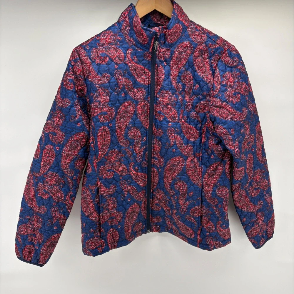 Lands‎ End Quilted Paisley Jacket Blue Red Full Zip Women's M Boho Artsy Chic